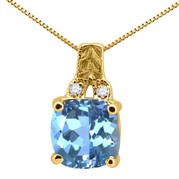 Mauli Jewels Engagement Necklace for Women 2.50 Carat Cushion Shaped Blue Topaz and Round Shaped Diamond Pendant 4-prong 10K Yellow Gold|Silver Chain