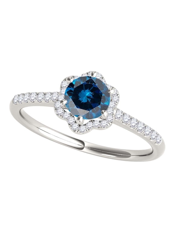 Engagement Rings for Women 0.75 Carat Blue Diamond Halo Engagement Ring 4 prong 10K Solid White Gold