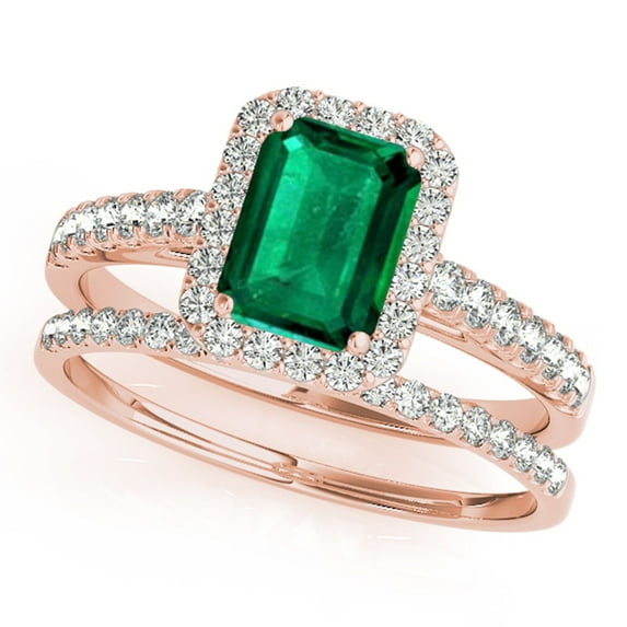 Mauli Jewels Engagement Rings for Women 0.9 Carat Diamond And Emerald Shape Emerald Bridal Set Ring 4-prong 10k Rose Gold