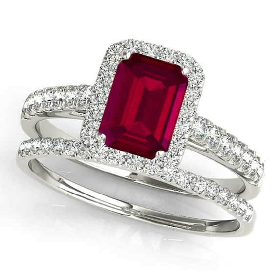 Mauli Jewels Engagement Rings for Women 0.9 Carat Diamond And Emerald Shape Garnet Bridal Set Ring 4-prong 10k White Gold