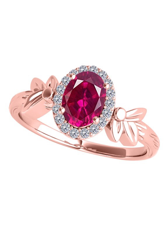 Engagement Rings for Women 0.92 Carat Halo Diamond & Oval Shape Ruby Gemstone Ring Prong-Setting 10K Rose Gold