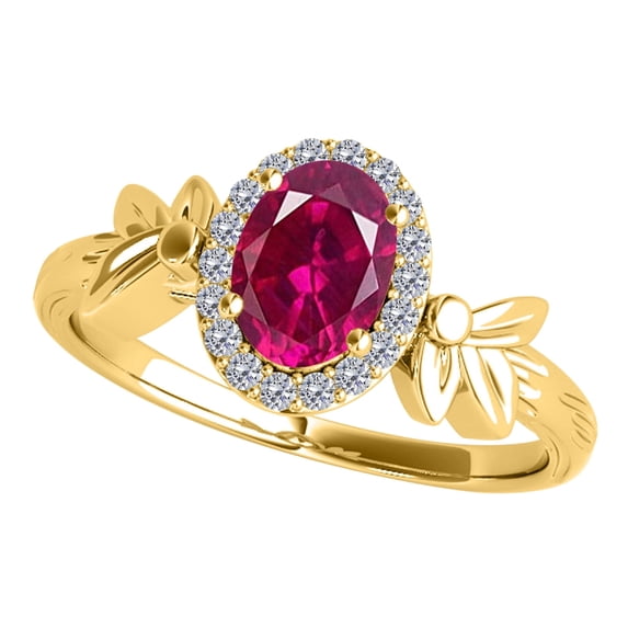 Mauli Jewels Engagement Rings for Women 0.92 Carat Halo Diamond & Oval Shape Ruby Gemstone Ring Prong-Setting 10K Yellow Gold