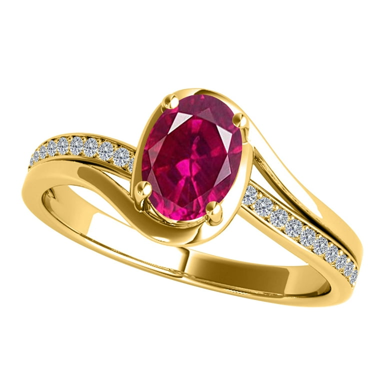 14k Yellow Gold Oval Created Ruby and Diamond Ring