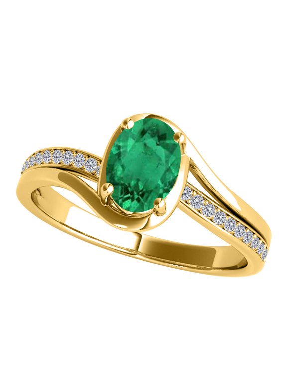 Engagement Rings for Women 0.95 Carat Oval Shape Emerald & Round White Diamond Gemstone Ring Prong-Setting 14K Yellow Gold