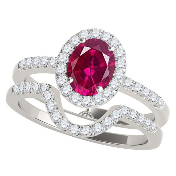 Mauli Jewels Engagement Rings for Women 1.10 Carat Oval Shaped Created Ruby And Diamond Bridal Set 4-prong 10K White Gold