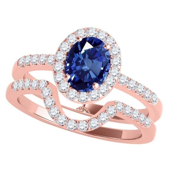 Mauli Jewels Engagement Rings for Women 1.10 Carat Oval Shaped Sapphire And Diamond Bridal Set 4-prong 10K Rose Gold