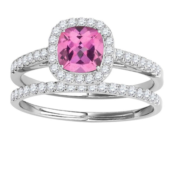 Mauli Jewels Engagement Rings for Women 1.20 Carat Cushion Shape Pink Topaz Bridal Set 4-prong 10k White Gold