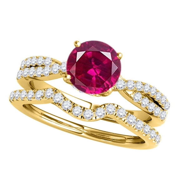 Mauli Jewels Engagement Rings for Women 1.20 Carat Halo Created Ruby And Diamond Bridal Set 4-prong 14k Yellow Gold