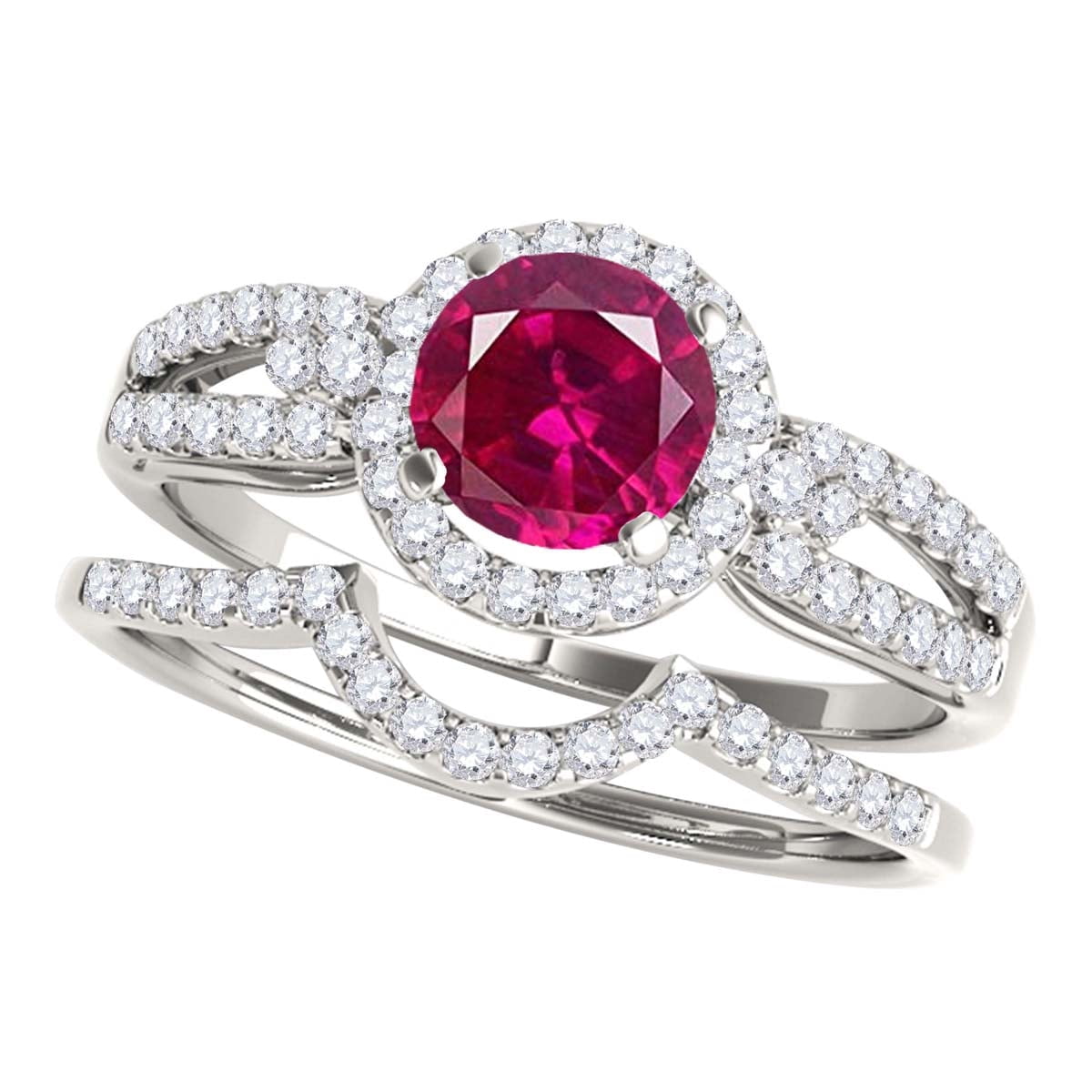 Mauli Jewels Engagement Rings for Women 1.25 Carat Halo Created Ruby And Diamond Bridal Set Prong-Setting 14k White Gold