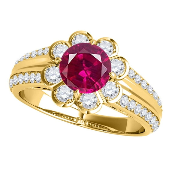 Mauli Jewels Engagement Rings for Women 1.25 Carat Halo Created Ruby And Diamond Engagement Ring 4 prong 14k Solid Yellow Gold