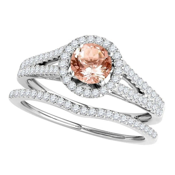 Mauli Jewels Engagement Rings for Women 1.25 Carat Halo Split Shank Morganite And Diamond Bridal Set Prong-Setting 14k White Gold