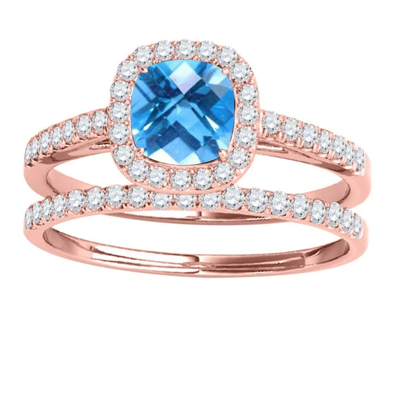 Mauli Jewels Engagement Rings for Women 1.27 Carat Cushion Shape Blue Topaz Bridal Set 4-prong 10k Rose Gold