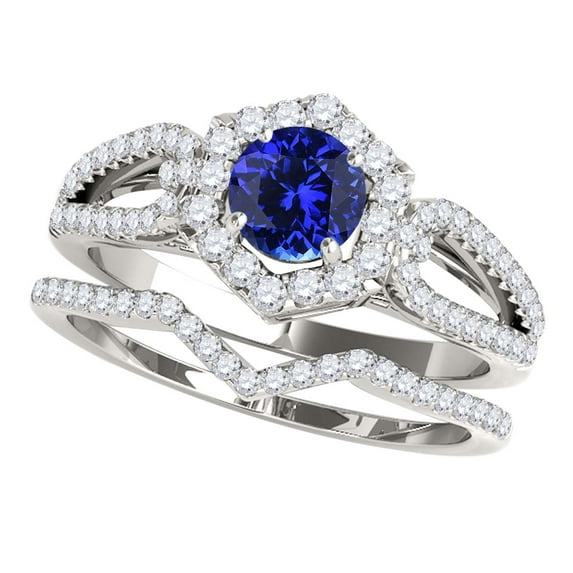 Mauli Jewels Engagement Rings for Women 1.35 Carat Halo Tanzanite And Diamond Bridal Set Prong-Setting 14k White Gold