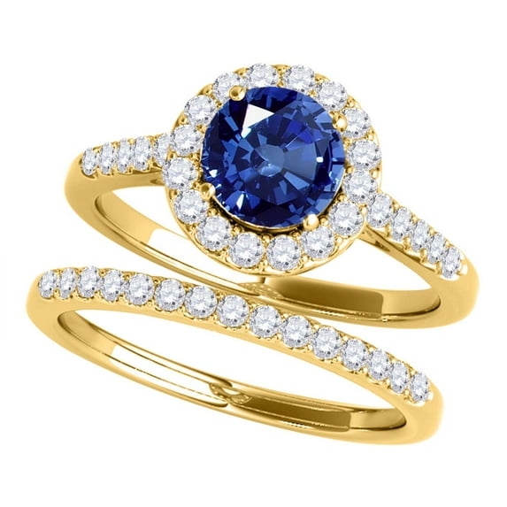 Mauli Jewels Engagement Rings for Women 1.40 Carat Halo Sapphire And Diamond Bridal Set 4 Prong-Setting 14k Yellow Gold