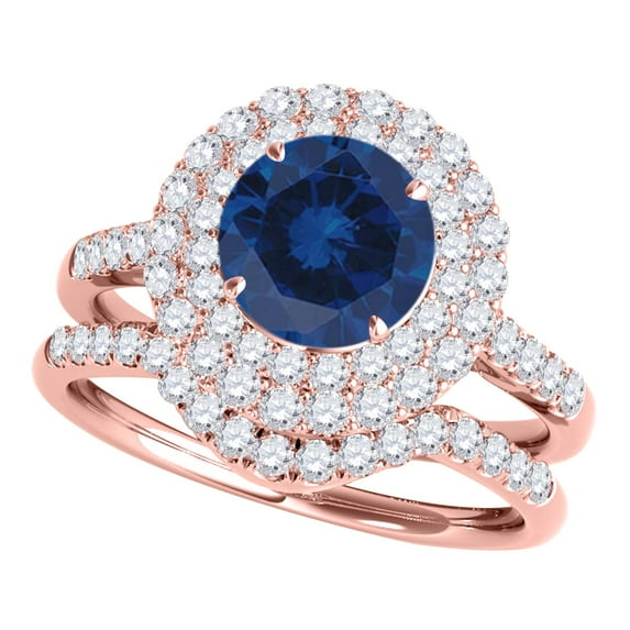 Mauli Jewels Engagement Rings for Women 1.45 Carat Halo Sapphire And Diamond Bridal Set 4-prong 14k Rose Gold