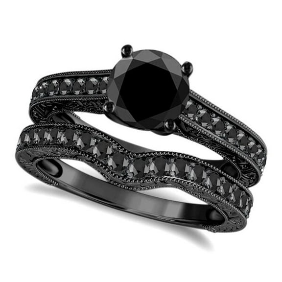 Mauli Jewels 1.50 Carat Black Rhodium Plated Black Diamond Engagement Rings for Women, 4-Prong Setting in 10K Gold, Gifts for Her