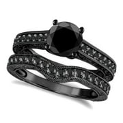 Mauli Jewels Engagement Rings for Women 1.50 Carat Black Rhodium Plated Black Diamond Engagement Bridal set Ring 4 prong 10K White Gold