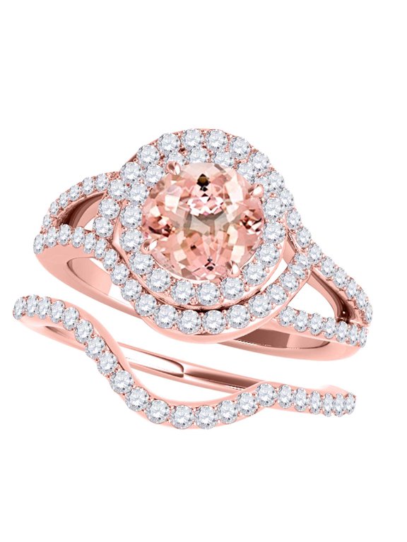 Engagement Rings for Women 1.85 Carat Halo Split Shank Interwined Design Morganite 4-Prong 14k Rose Gold