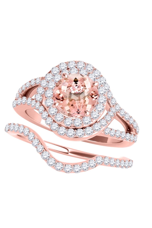 Engagement Rings for Women 1.85 Carat Halo Split Shank Interwined Design Morganite 4-Prong 14k Rose Gold