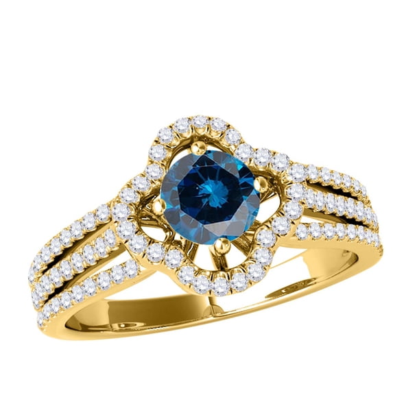 Mauli Jewels Engagement Rings for Women 1 Carat Glitzy Halo Blue Diamond Engagement Wedding Ring 4-prong 14k Solid Yellow Gold