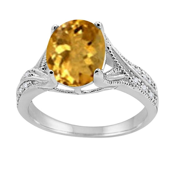 Mauli Jewels Engagement Rings for Women 2.46 Carat Oval Cut Citrine and Diamond Antique Ring 4-Prong 10K White Gold