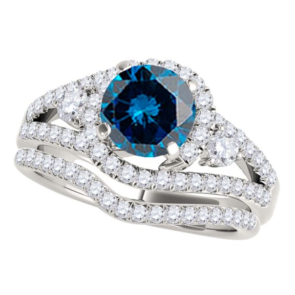 Mauli Jewels Engagement Rings for Women 2 Carat Halo Blue Diamond Bridal Set 4-Prong 14k White Gold
