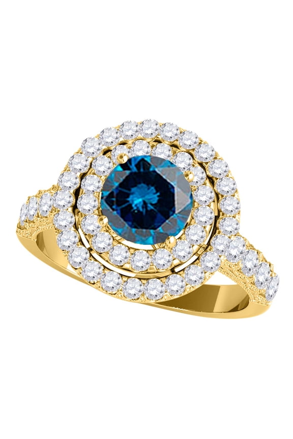 Engagement Rings for Women 2 Carat Halo Blue Diamond Engagement Wedding Ring 4-Prong 14k Yellow Gold