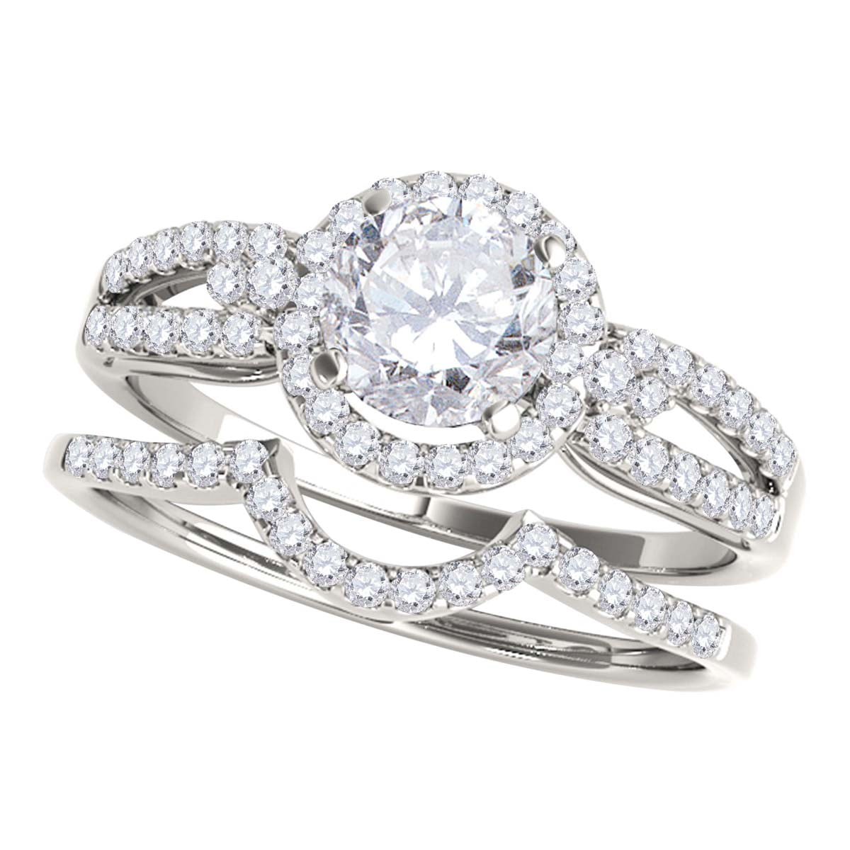 Mauli Jewels Engagement Rings for Women 3/4 Carat Halo Daimond Engagement Flower Shape Bridal Set Prong-Setting 14K Solid White Gold