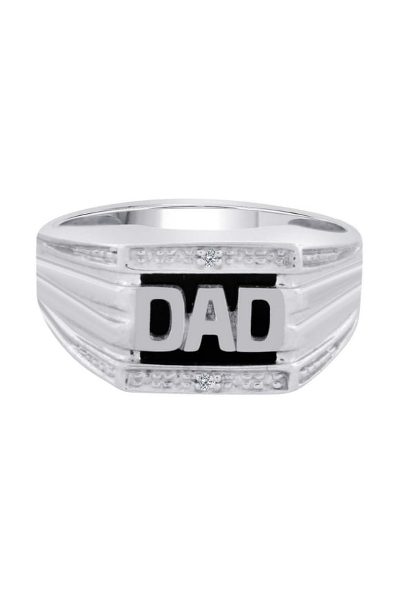 Men's 0.01 Carat Diamond DAD Engraved Ring with Onyx in 10K White Gold, Prong Setting, Father’s Day Gift