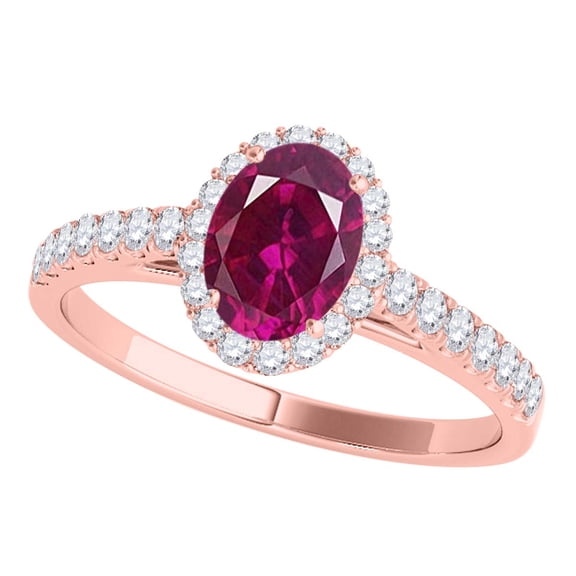 Mauli Jewels Rings for Women 0.70 Carat Diamond And Oval Shaped Created Ruby Ring 4-prong 10K Rose Gold