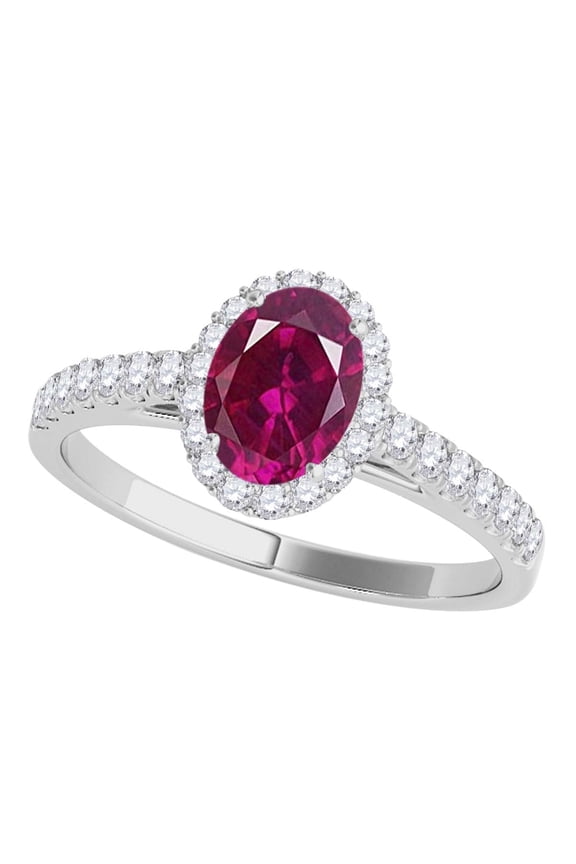 Rings for Women 0.70 Carat Diamond And Oval Shaped Created Ruby Ring 4-prong 10K White Gold