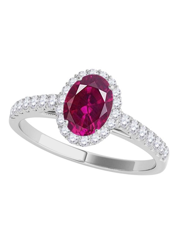 Rings for Women 0.70 Carat Diamond And Oval Shaped Created Ruby Ring 4-prong 10K White Gold