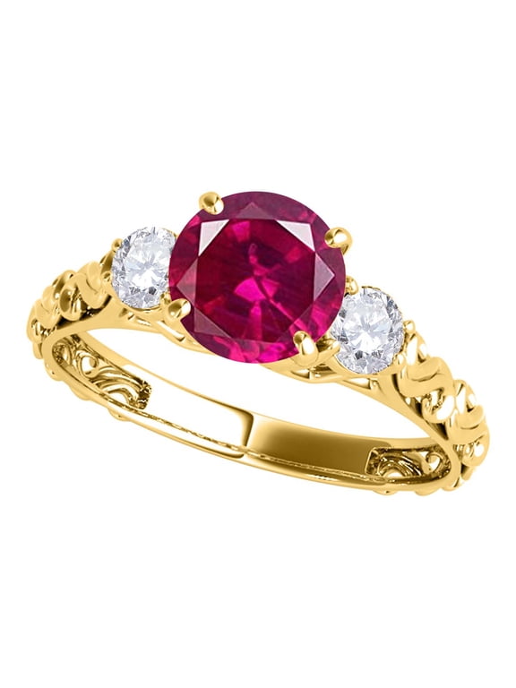 Rings for Women 0.70 Carat Diamond And Round Shaped Created Ruby Ring 4-prong 10K Yellow Gold