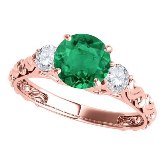 Mauli Jewels Rings for Women 0.70 Carat Diamond And Round Shaped Emerald Ring 4-prong 10K Rose Gold