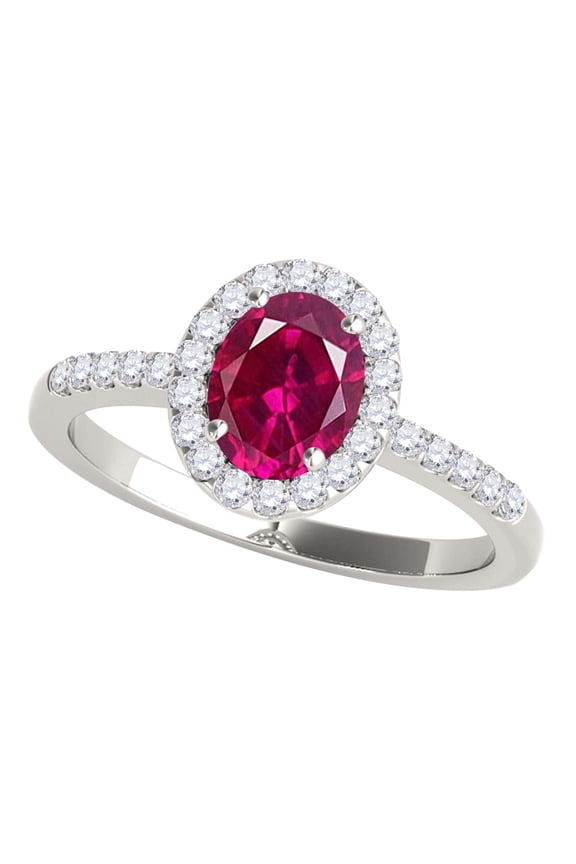 Rings for Women 0.90 Carat Diamond And Oval Shaped Created Ruby Ring 4-prong 10K White Gold