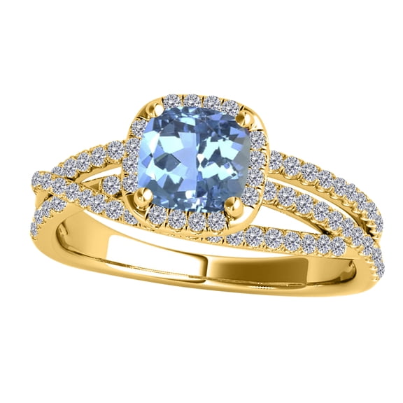 Mauli Jewels Rings for Women 0.90 Carat Diamond and Cushion Shaped Aqumarine 4-prong 10K Yellow Gold