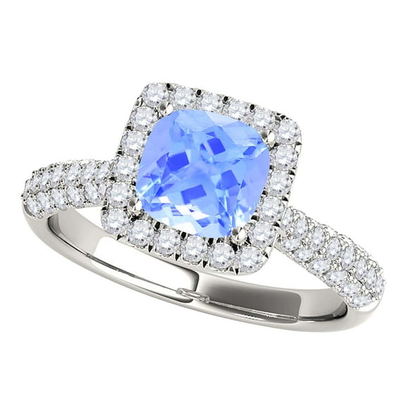 Mauli Jewels Rings for Women 0.95 Carat Diamond And Cushion Cut Aqumarine 4-prong 10K White Gold