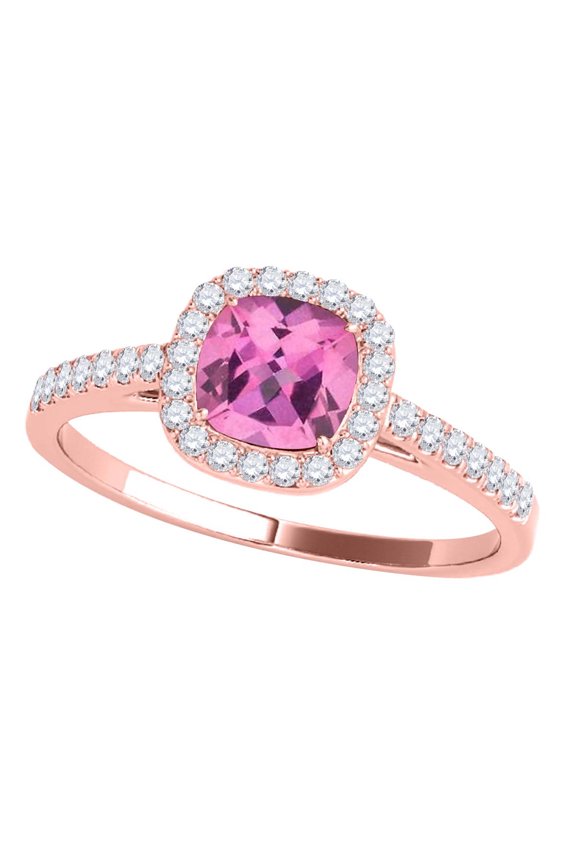 1.15 CT Natural Pink Topaz & Diamond Ring in 10K Rose White & Yellow Gold | Cushion Cut Center Stone | Prong Set Bridal Ring for Women