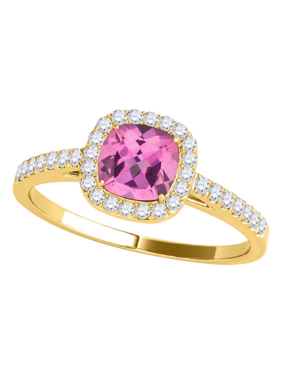 1.15 CT Natural Pink Topaz & Diamond Ring in 10K Rose White & Yellow Gold | Cushion Cut Center Stone | Prong Set Bridal Ring for Women
