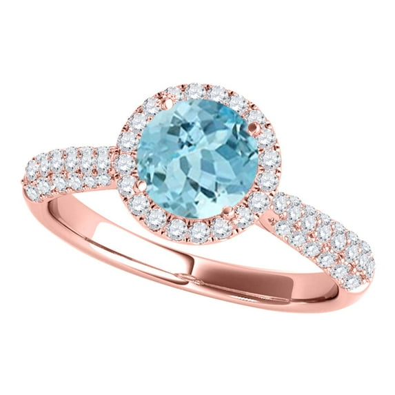 Mauli Jewels Rings for Women 1.20 Carat Diamond And Round Shaped Aqumarine 4-prong 10K Rose Gold
