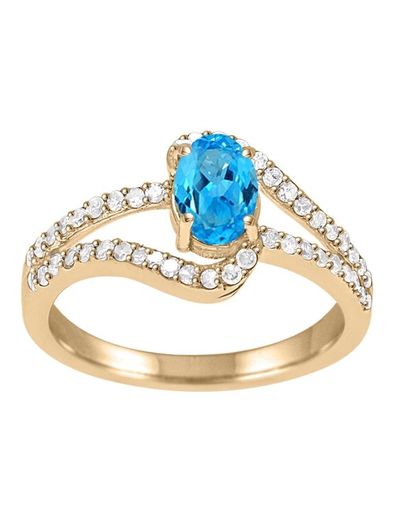 1.35 Carat Blue Topaz and Diamond Engagement Ring for Women in 10K Yellow Gold, Prong Set Oval Blue Topaz Ring, Birthstone Wedding Anniversary Ring