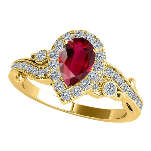 Mauli Jewels Rings for Women 1.35 Carat Pear Shape Created Ruby And Round White Diamond Ring Prong-Setting 10K Yellow Gold