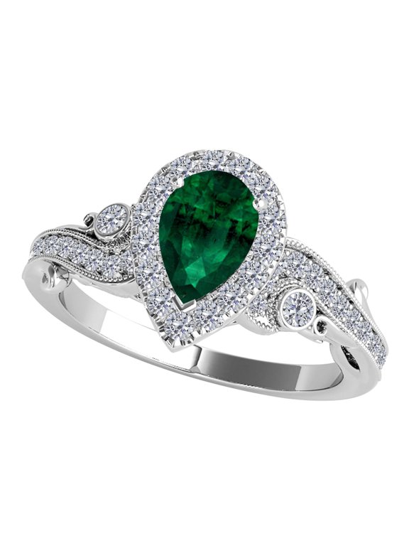 Rings for Women 1.35 Carat Pear Shape Emerald And Round White Diamond Ring Prong-Setting 10K White Gold