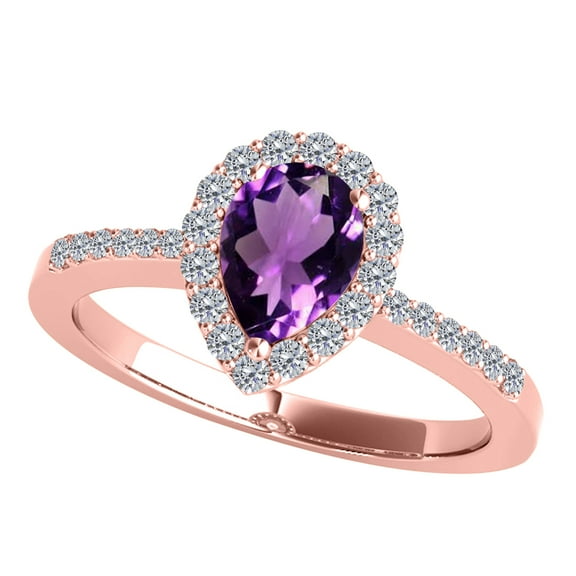 MauliJewels 1.40 Carat Amethyst and Diamond Ring for Women – Pear Shape Amethyst with White Diamond Accents, 4-Prong Set in 10K Rose Gold
