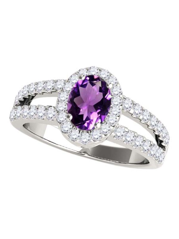 Rings for Women 1.65 Carat Diamond and Oval Shaped Amethyst Ring 4-prong 10K White Gold