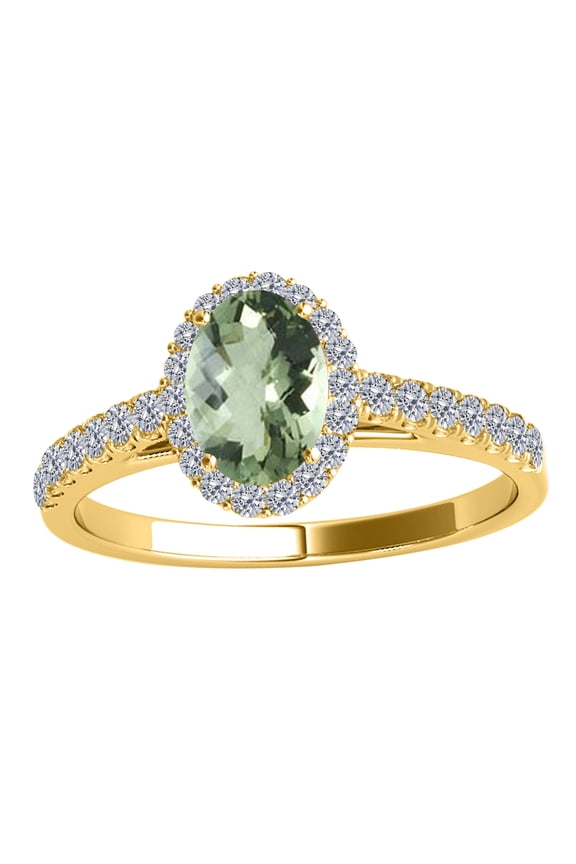 Rings for Women 1.75 Carat Diamond And Oval Shaped Green Amethyst Ring Shared-Prong-Setting 10K Yellow Gold