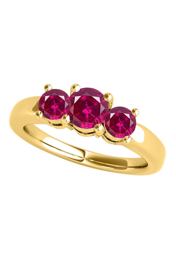 Rings for Women 1.80 Carat Three Stone Round Shaped Created Ruby Ring 4-prong 10K Yellow Gold