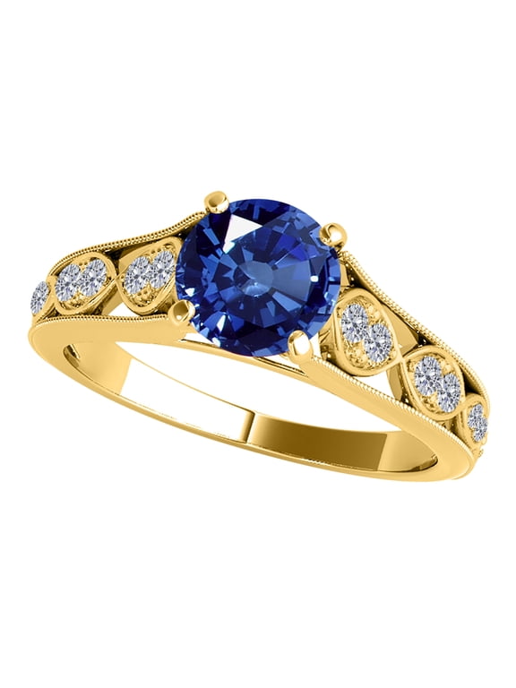 Rings for Women 1 Carat Diamond And Sapphire Ring Prong-Setting 14k Yellow Gold