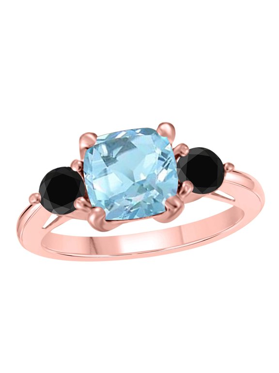 Rings for Women 2.2 Carat Cushion Shape Aquamarine And Black Diamond Gemstone Ring Prong-Setting 10K Rose Gold