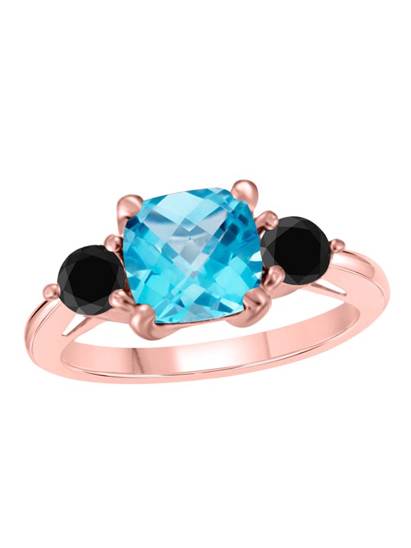 Rings for Women 2.2 Carat Cushion Shape Blue-topaz And Black Diamond Gemstone Ring Prong-Setting 10K Rose Gold